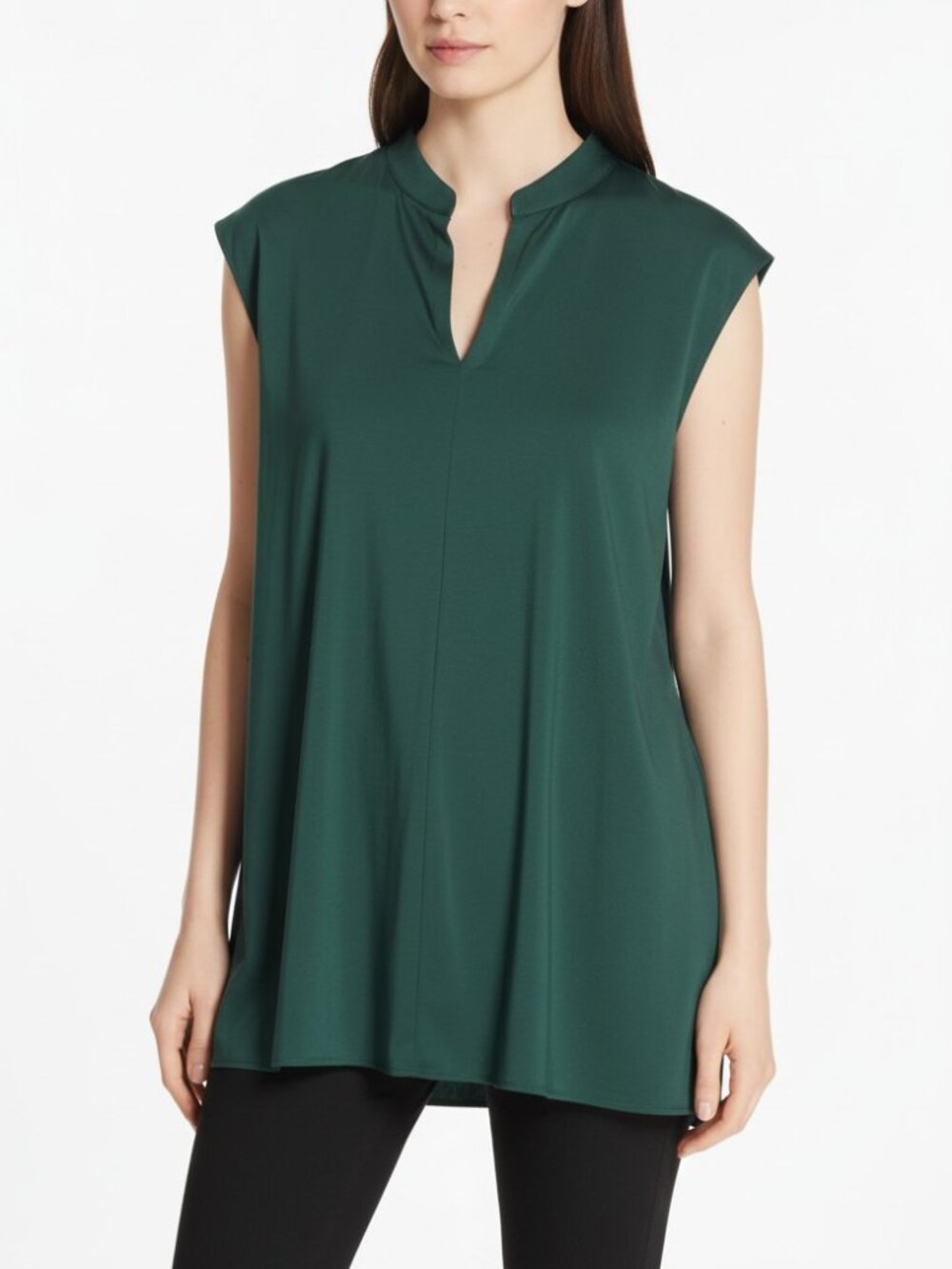EILEEN FISHER DARK GREEN STRETCH SILK CHARMEUSE LOOSE TUNIC TOP